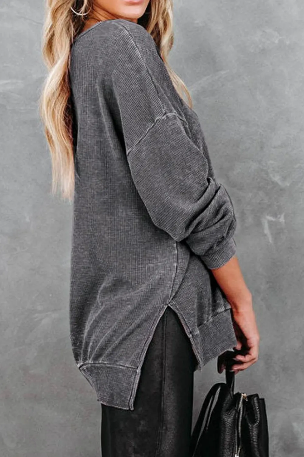 Sale Dear-Lover Waffle Knit Side Slit Pullover Top Gray
