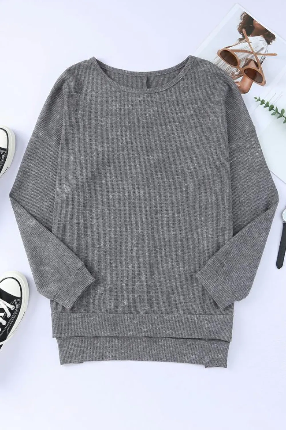 Sale Dear-Lover Waffle Knit Side Slit Pullover Top Gray