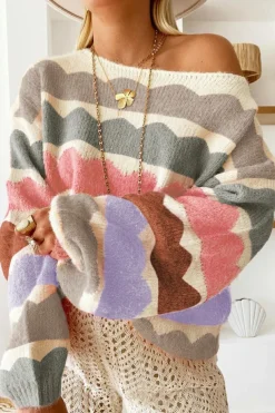 Discount Dear-Lover Wave Striped Balloon Sleeve Drop Shoulder Sweater Gray