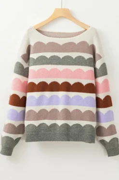 Discount Dear-Lover Wave Striped Balloon Sleeve Drop Shoulder Sweater Gray