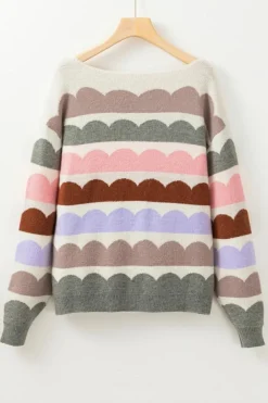 Discount Dear-Lover Wave Striped Balloon Sleeve Drop Shoulder Sweater Gray