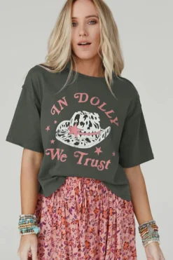 Online Dear-Lover WE TRUST IN DOLLY Western Fashion Graphic Tee Gray