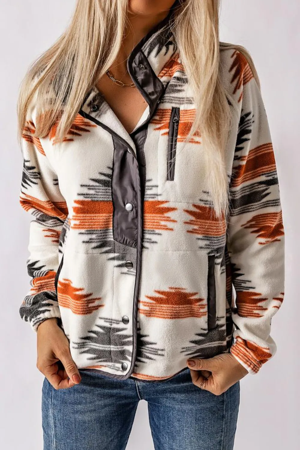 Clearance Dear-Lover Western Aztec Snap Buttoned Fleece Jacket Gray