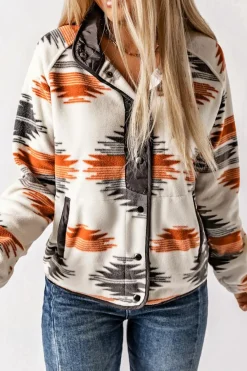 Clearance Dear-Lover Western Aztec Snap Buttoned Fleece Jacket Gray