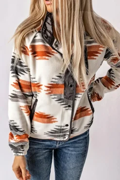 Clearance Dear-Lover Western Aztec Snap Buttoned Fleece Jacket Gray