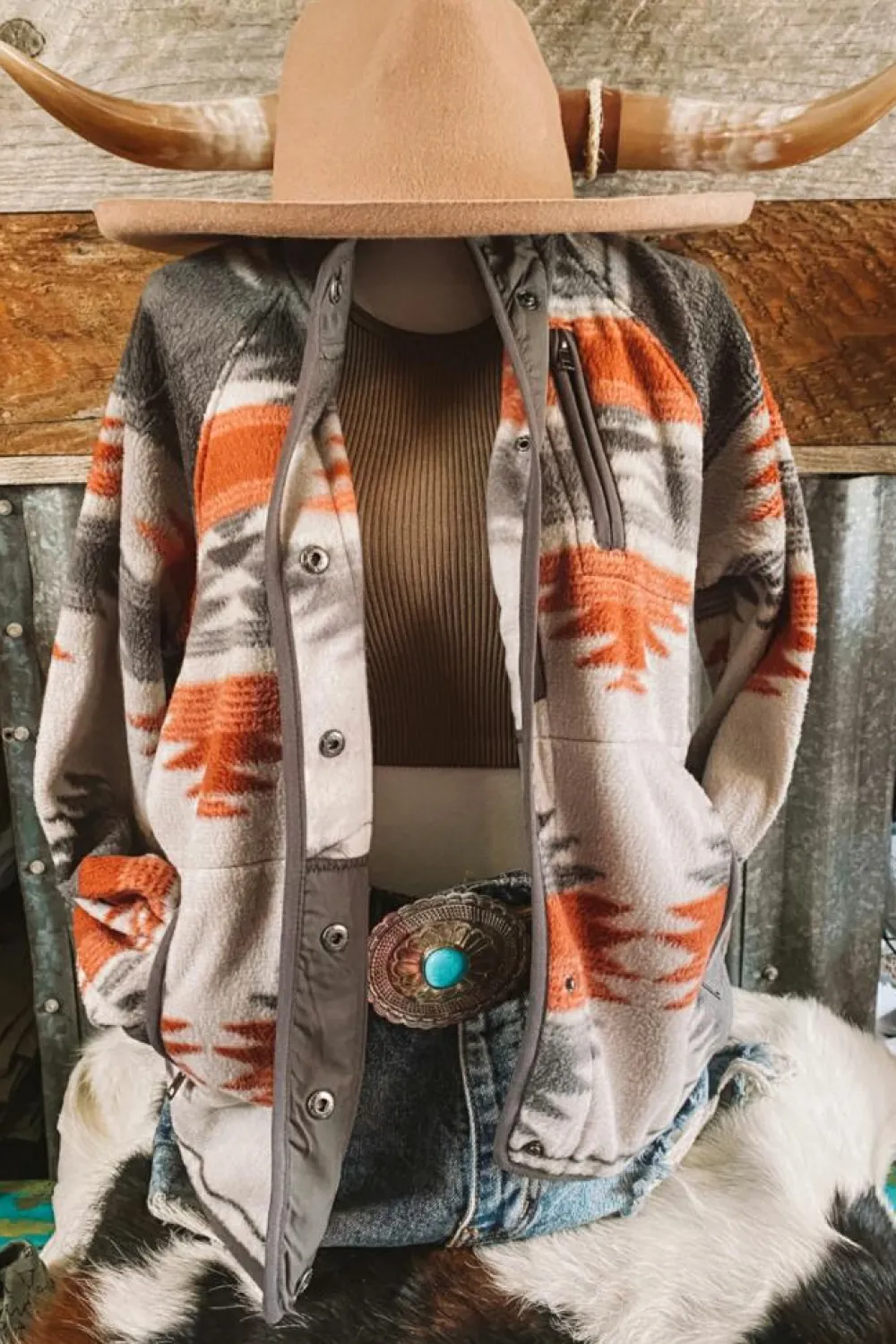 Clearance Dear-Lover Western Aztec Snap Buttoned Fleece Jacket Gray