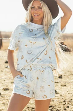 Fashion Dear-Lover Western Fashion Printed T Shirt Elastic Waist Shorts Set Gray