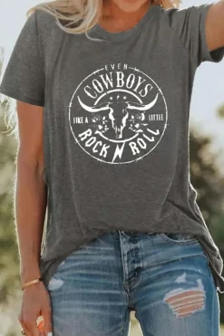 Hot Dear-Lover Western Letter Steer Head Graphic Tee Gray