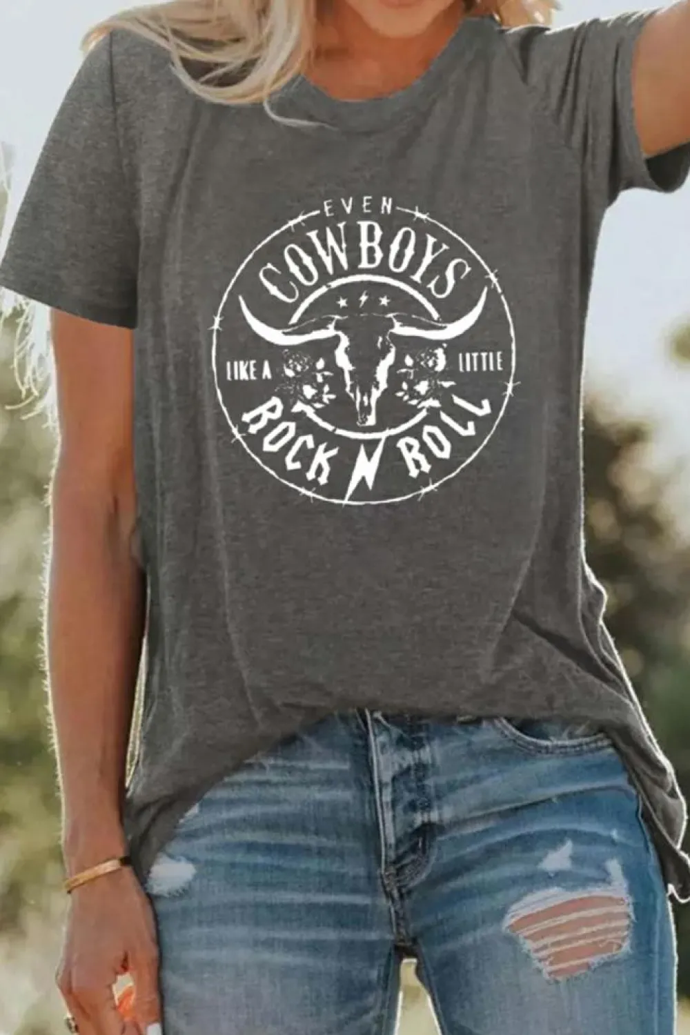 Hot Dear-Lover Western Letter Steer Head Graphic Tee Gray