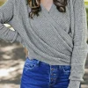 Fashion Dear-Lover Wrap V Neck Waffle Sweater Gray