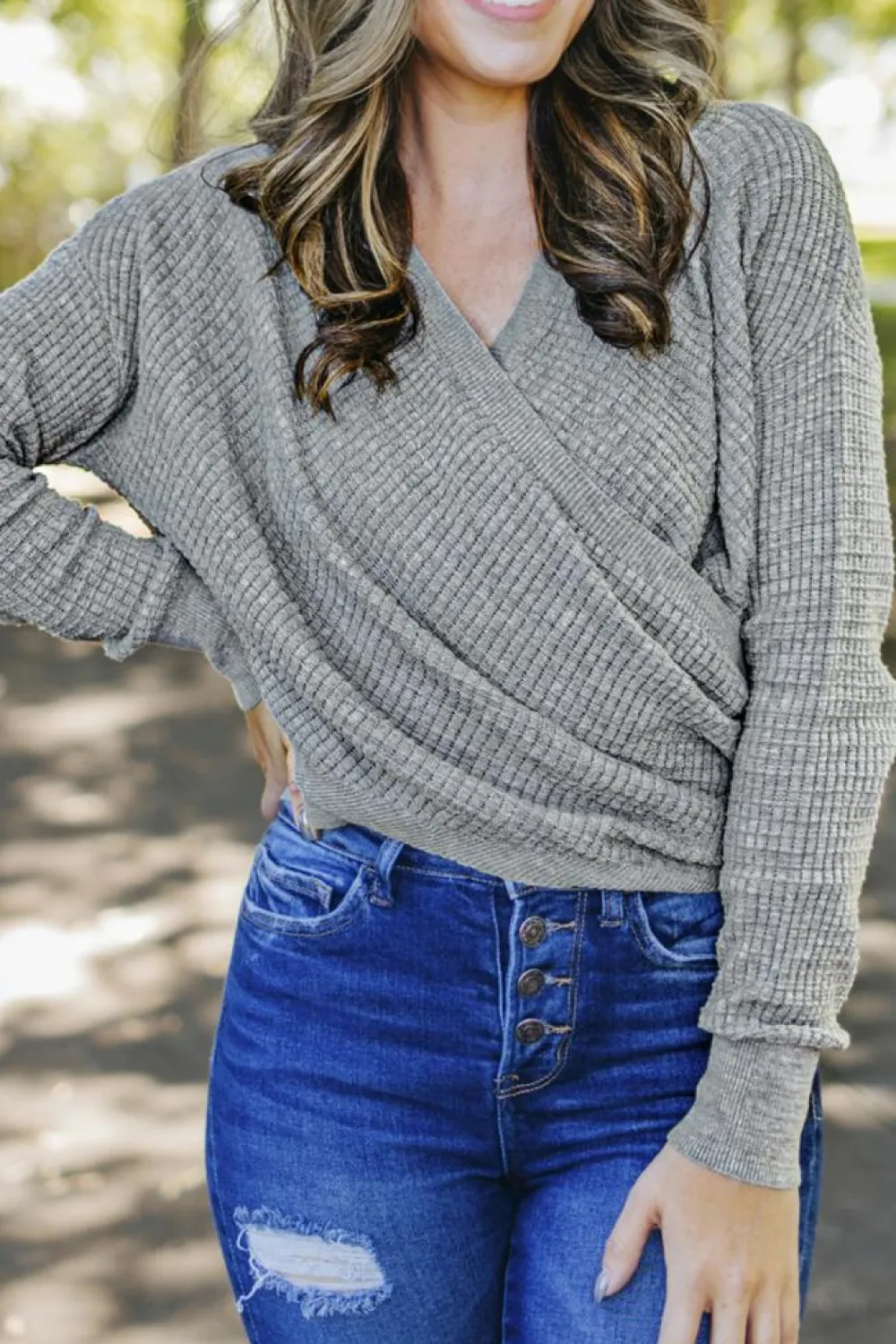 Fashion Dear-Lover Wrap V Neck Waffle Sweater Gray