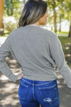 Fashion Dear-Lover Wrap V Neck Waffle Sweater Gray