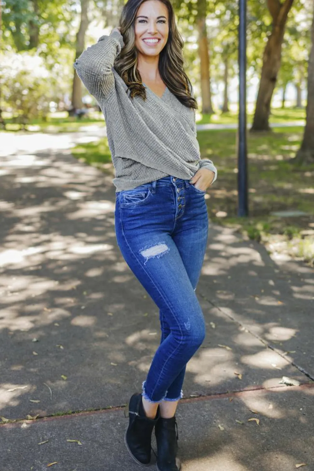 Fashion Dear-Lover Wrap V Neck Waffle Sweater Gray