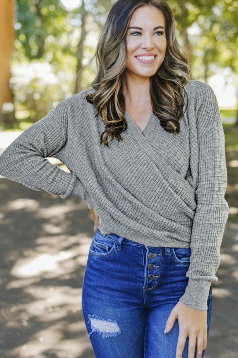 Fashion Dear-Lover Wrap V Neck Waffle Sweater Gray