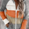 Hot Dear-Lover Zipped Front Colorblock Hollow-out Knit Hoodie Gray