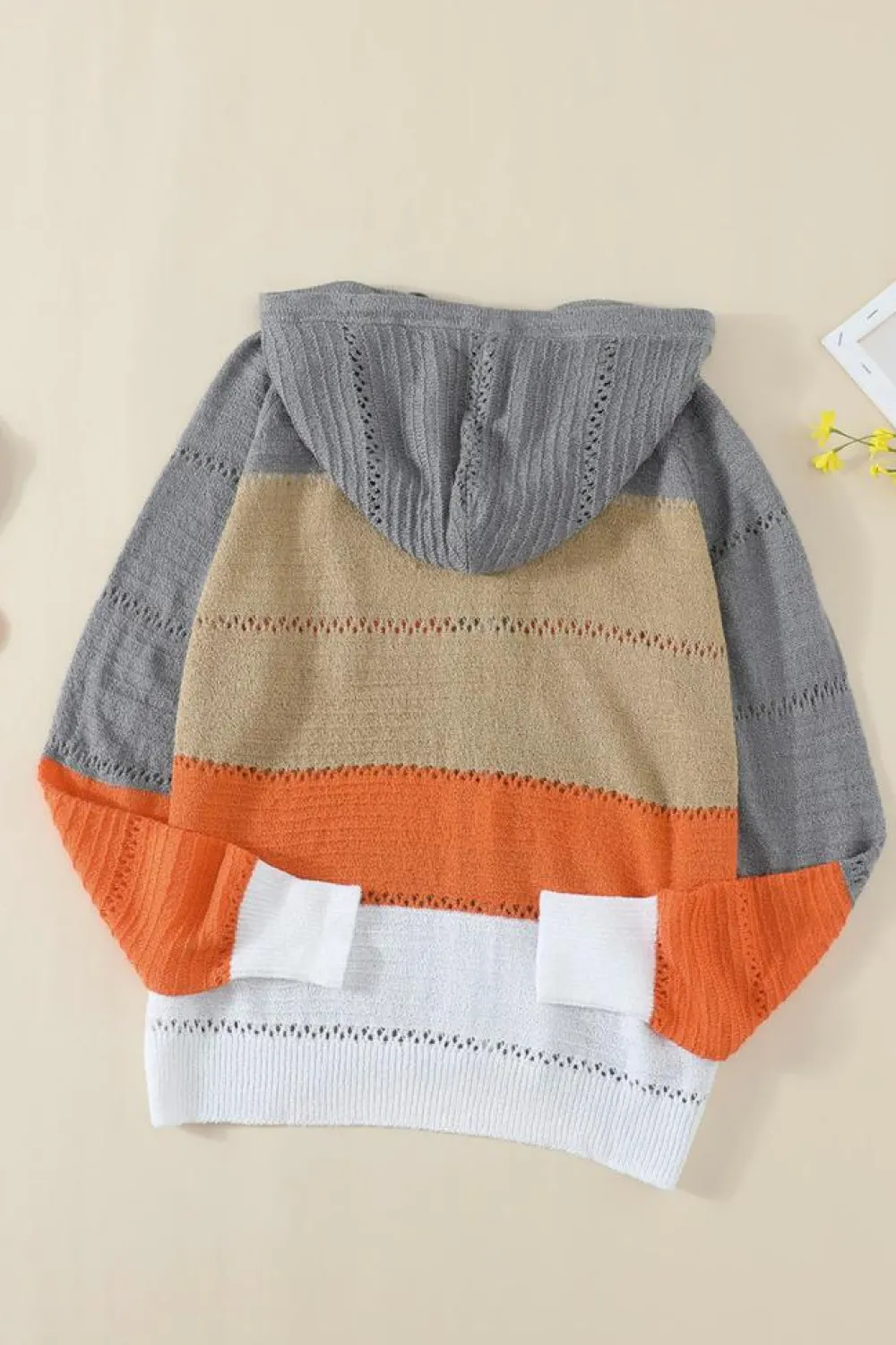 Hot Dear-Lover Zipped Front Colorblock Hollow-out Knit Hoodie Gray