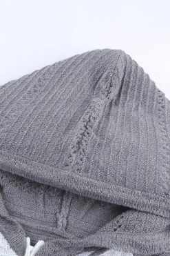 Hot Dear-Lover Zipped Front Colorblock Hollow-out Knit Hoodie Gray