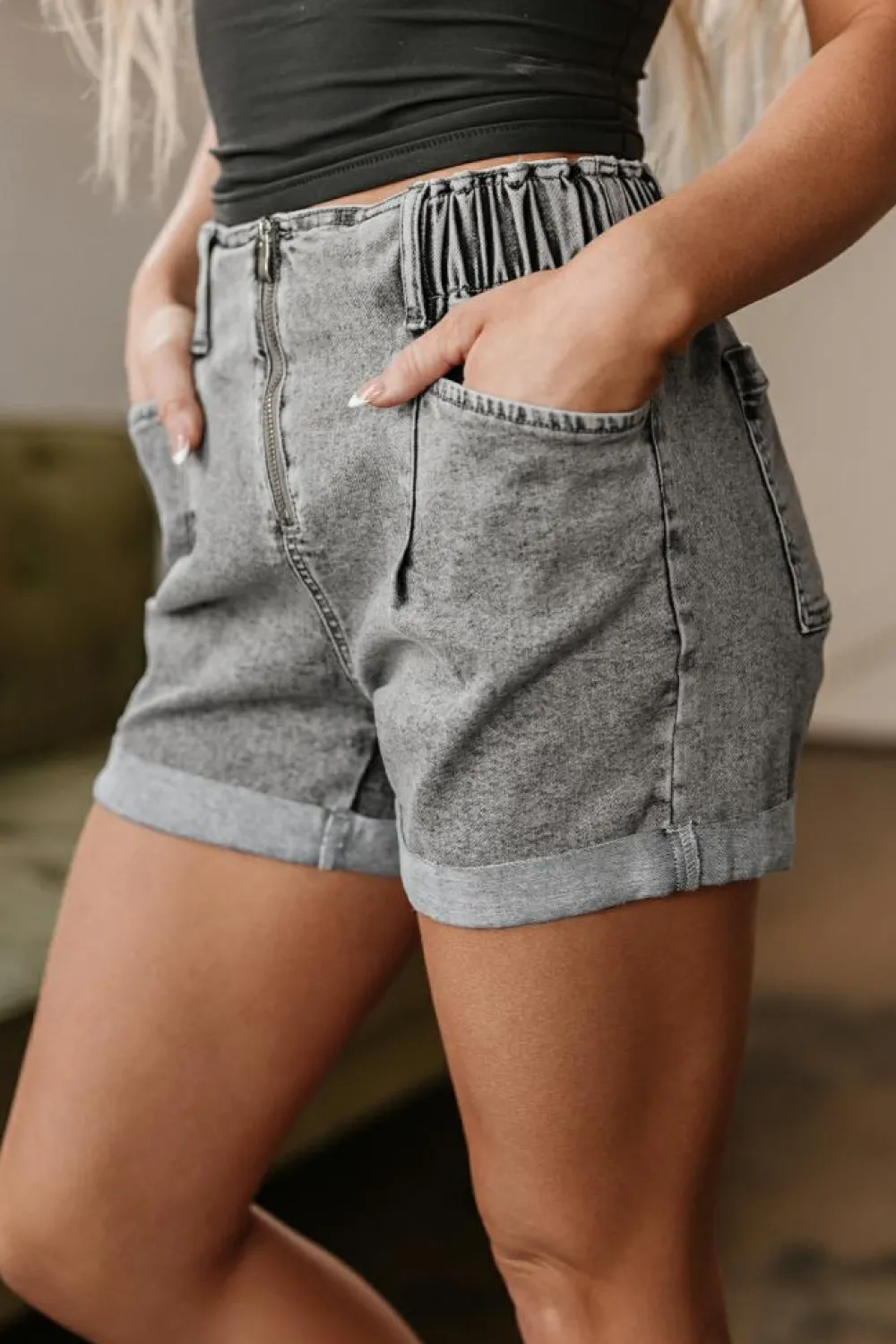 New Dear-Lover Zipped Light Wash Cuffed Edge Denim Shorts Gray