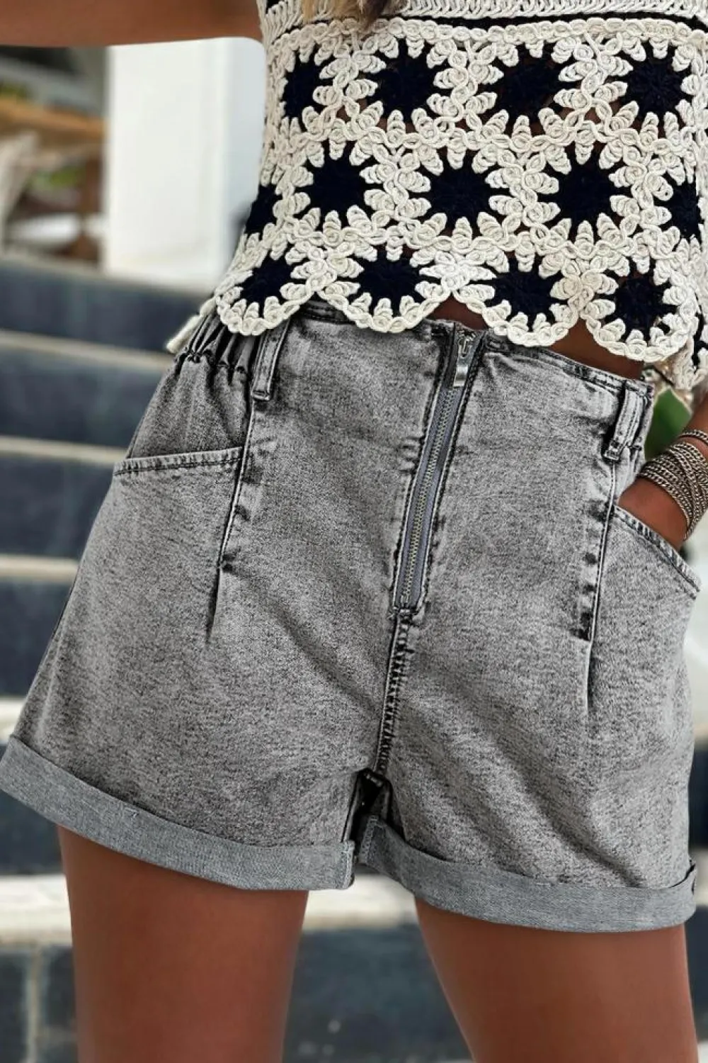 New Dear-Lover Zipped Light Wash Cuffed Edge Denim Shorts Gray