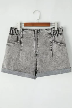 New Dear-Lover Zipped Light Wash Cuffed Edge Denim Shorts Gray