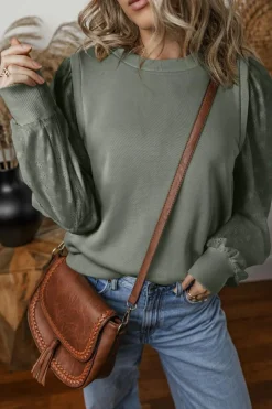 New Dear-Lover Solid Patchwork Sleeve Round Neck Sweatshirt Grayish Green