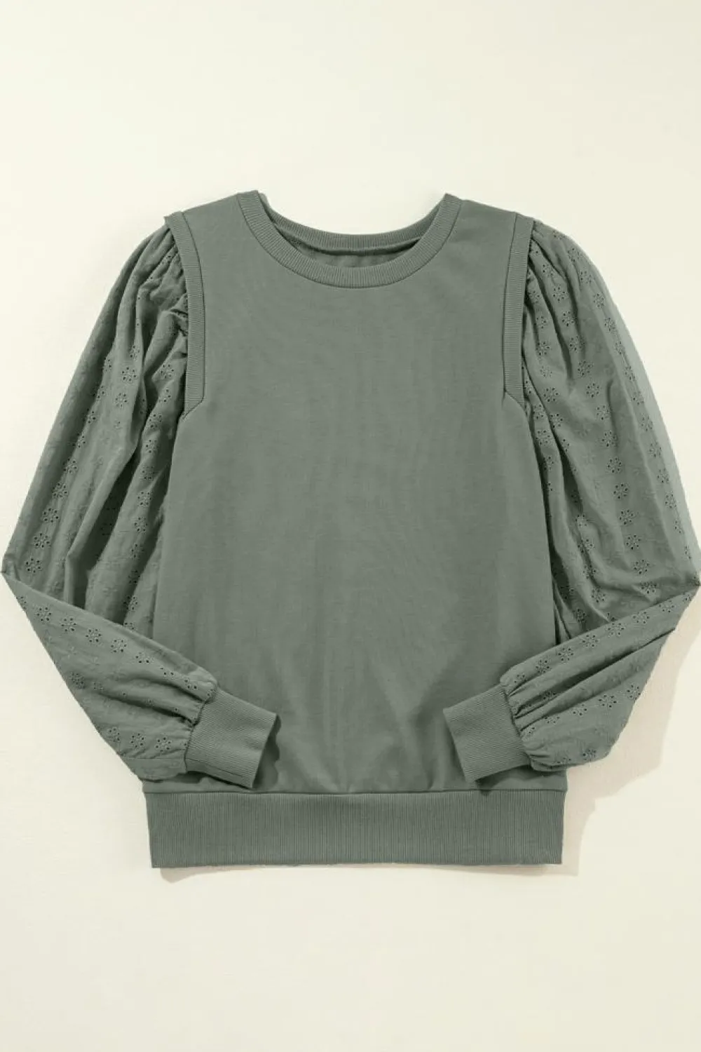 New Dear-Lover Solid Patchwork Sleeve Round Neck Sweatshirt Grayish Green