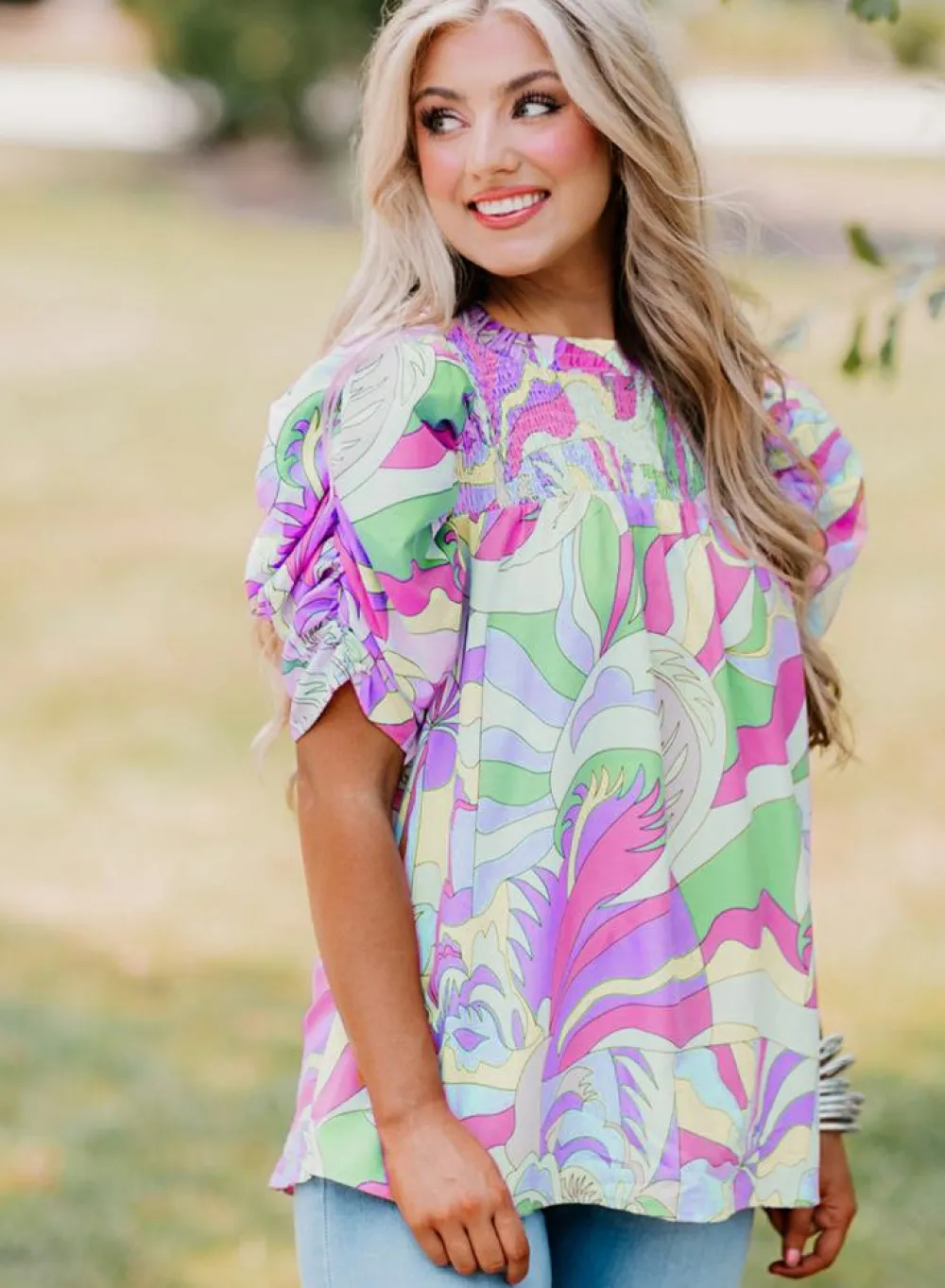 Discount Dear-Lover Abstract Print Bubble Sleeve Smock Detail Blouse Green