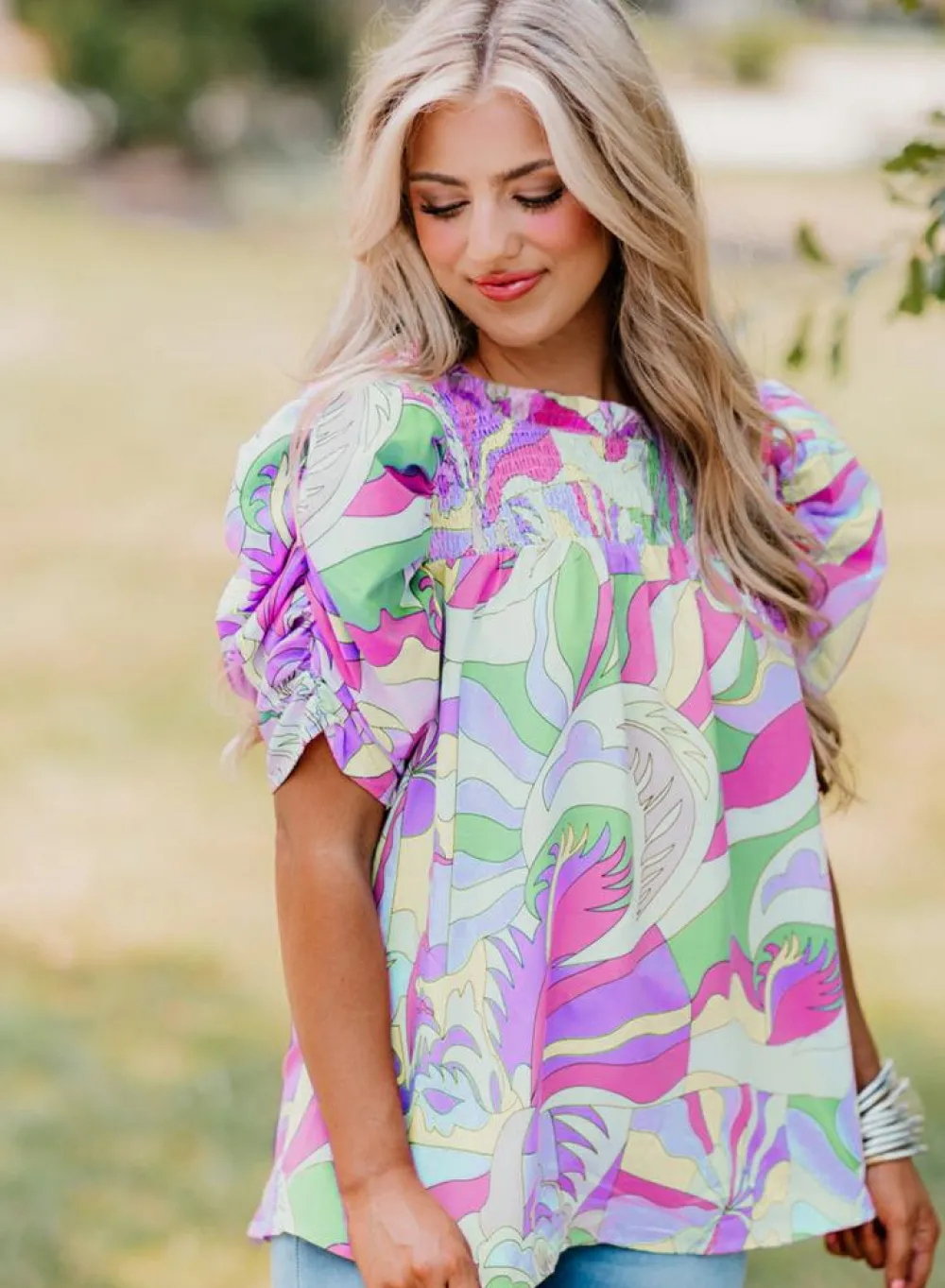 Discount Dear-Lover Abstract Print Bubble Sleeve Smock Detail Blouse Green