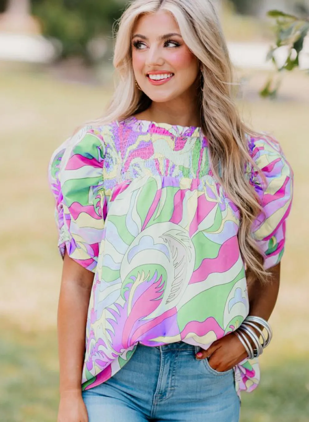Discount Dear-Lover Abstract Print Bubble Sleeve Smock Detail Blouse Green