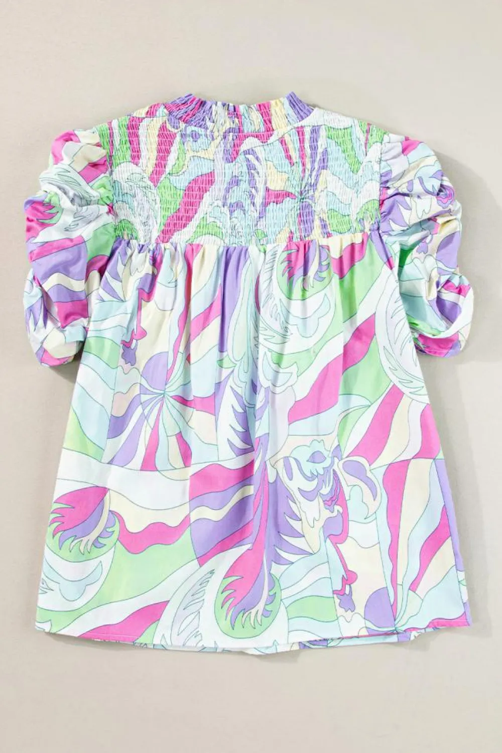 Discount Dear-Lover Abstract Print Bubble Sleeve Smock Detail Blouse Green