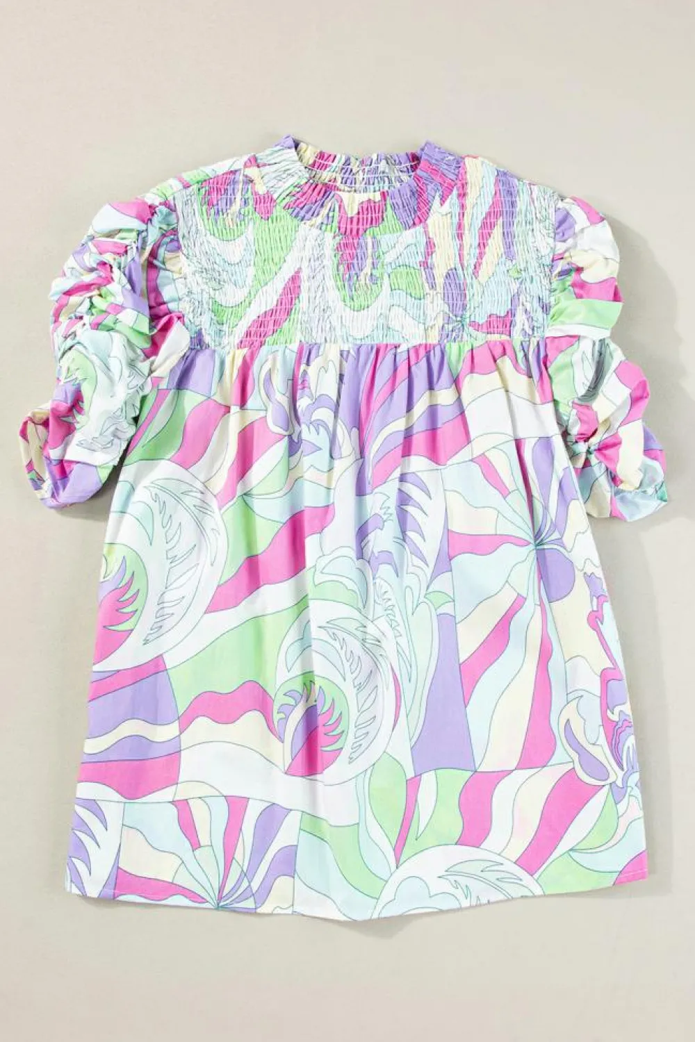 Discount Dear-Lover Abstract Print Bubble Sleeve Smock Detail Blouse Green