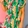 Discount Dear-Lover Abstract Print Frilled Neck Ruffled Sleeve Mini Dress Green
