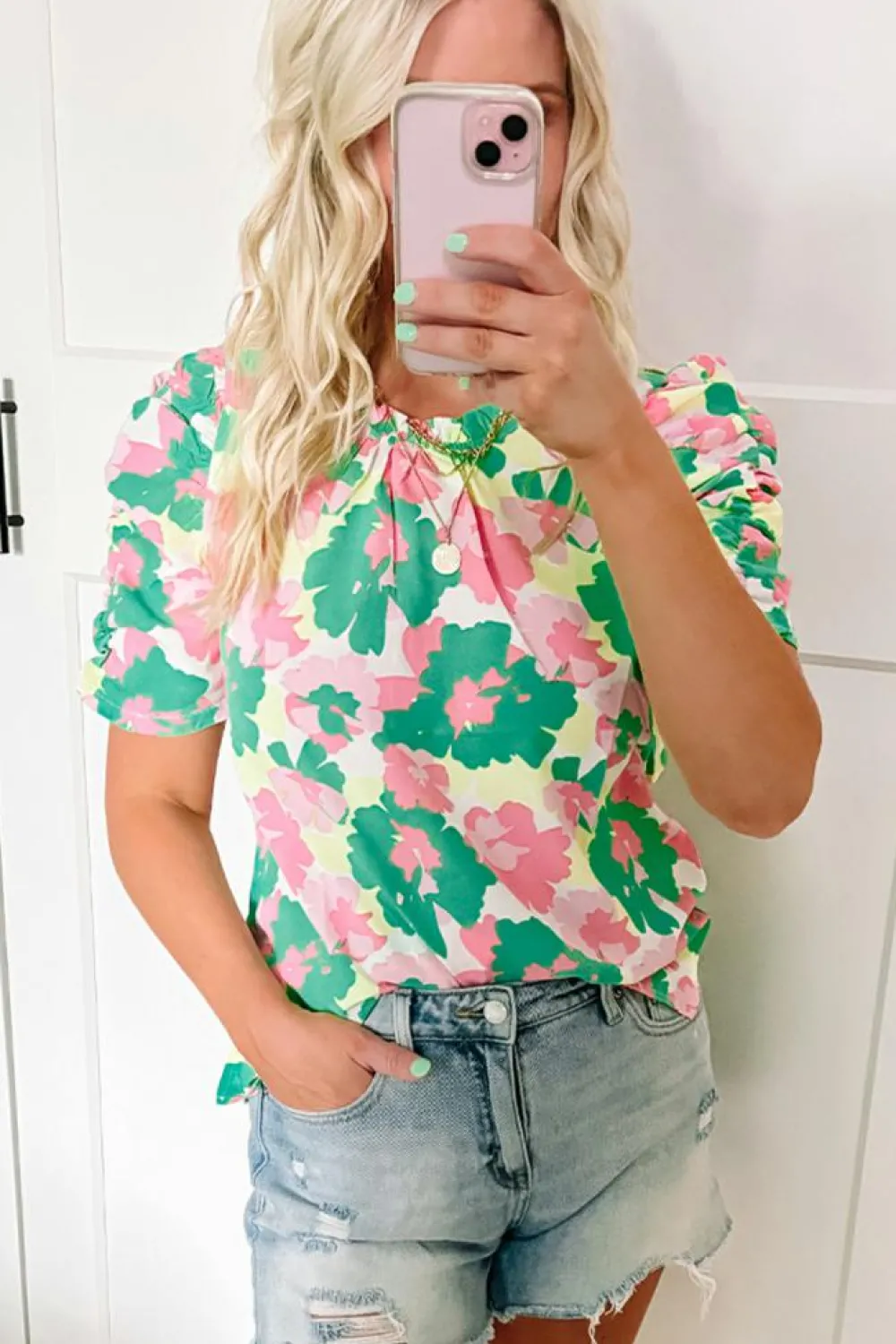 Online Dear-Lover Abstract Print Frilly Neck Ruched Short Sleeve Blouse Green
