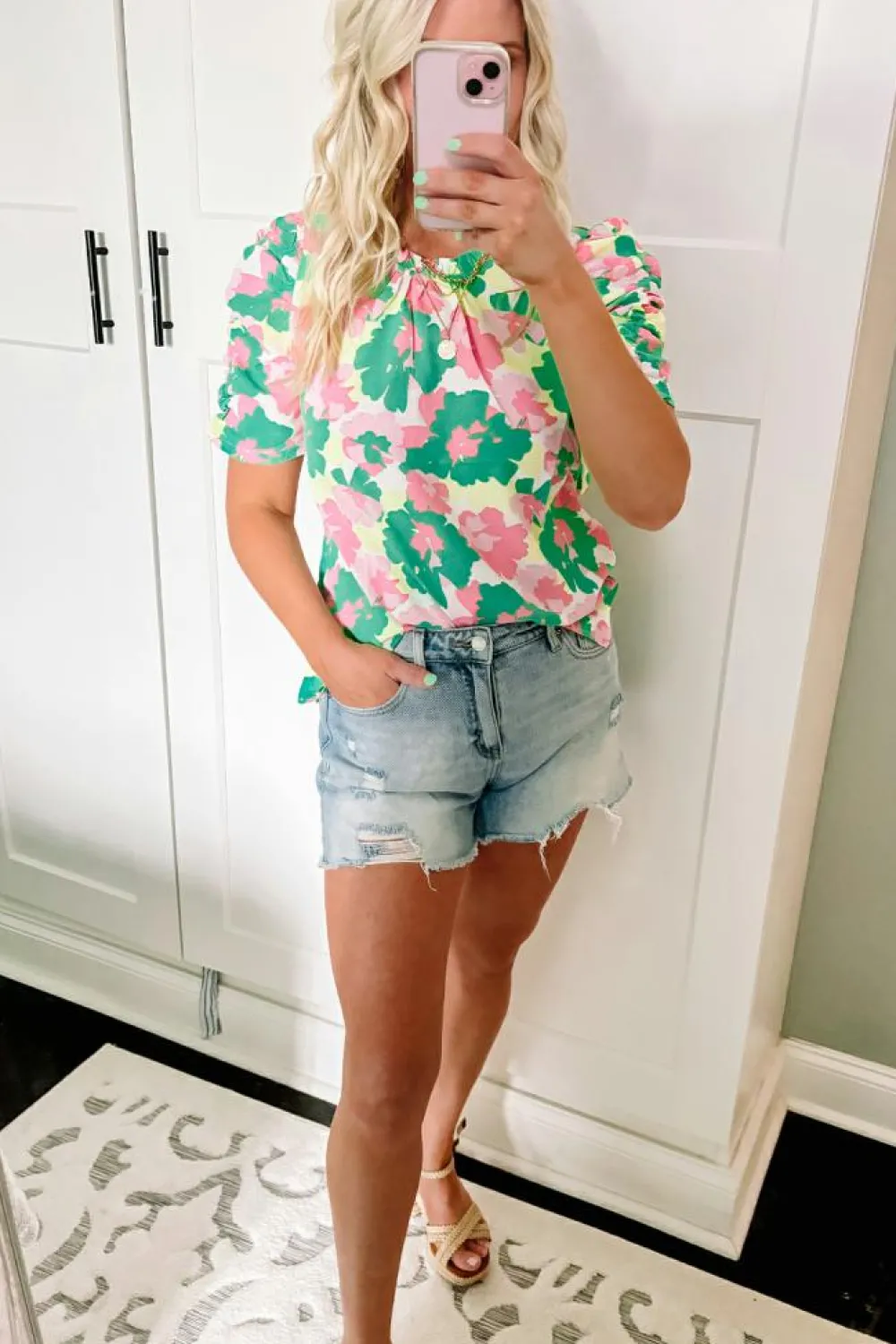 Online Dear-Lover Abstract Print Frilly Neck Ruched Short Sleeve Blouse Green