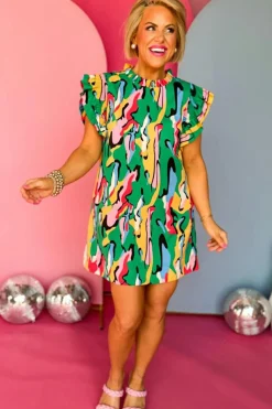 Discount Dear-Lover Abstract Print Frilled Neck Ruffled Sleeve Mini Dress Green