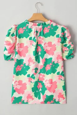 Online Dear-Lover Abstract Print Frilly Neck Ruched Short Sleeve Blouse Green