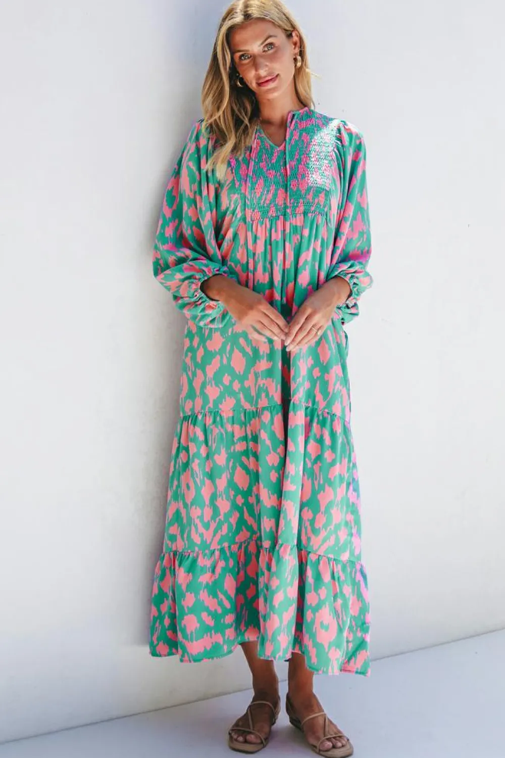 Best Dear-Lover Abstract Print Puff Sleeve Tied Notched Neck Long Dress Green