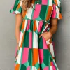 Hot Dear-Lover Abstract Print Puff Sleeve Short Dress Green