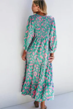 Best Dear-Lover Abstract Print Puff Sleeve Tied Notched Neck Long Dress Green