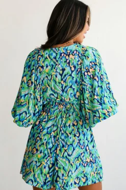 Online Dear-Lover Abstract Print Puff Sleeve V Neck High Waist Romper Green