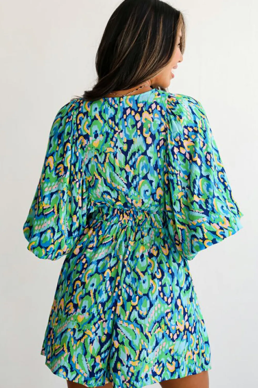 Online Dear-Lover Abstract Print Puff Sleeve V Neck High Waist Romper Green
