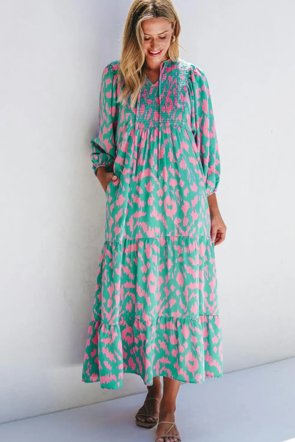 Best Dear-Lover Abstract Print Puff Sleeve Tied Notched Neck Long Dress Green