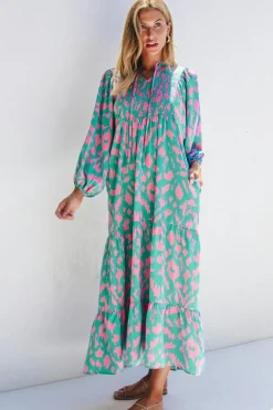 Best Dear-Lover Abstract Print Puff Sleeve Tied Notched Neck Long Dress Green