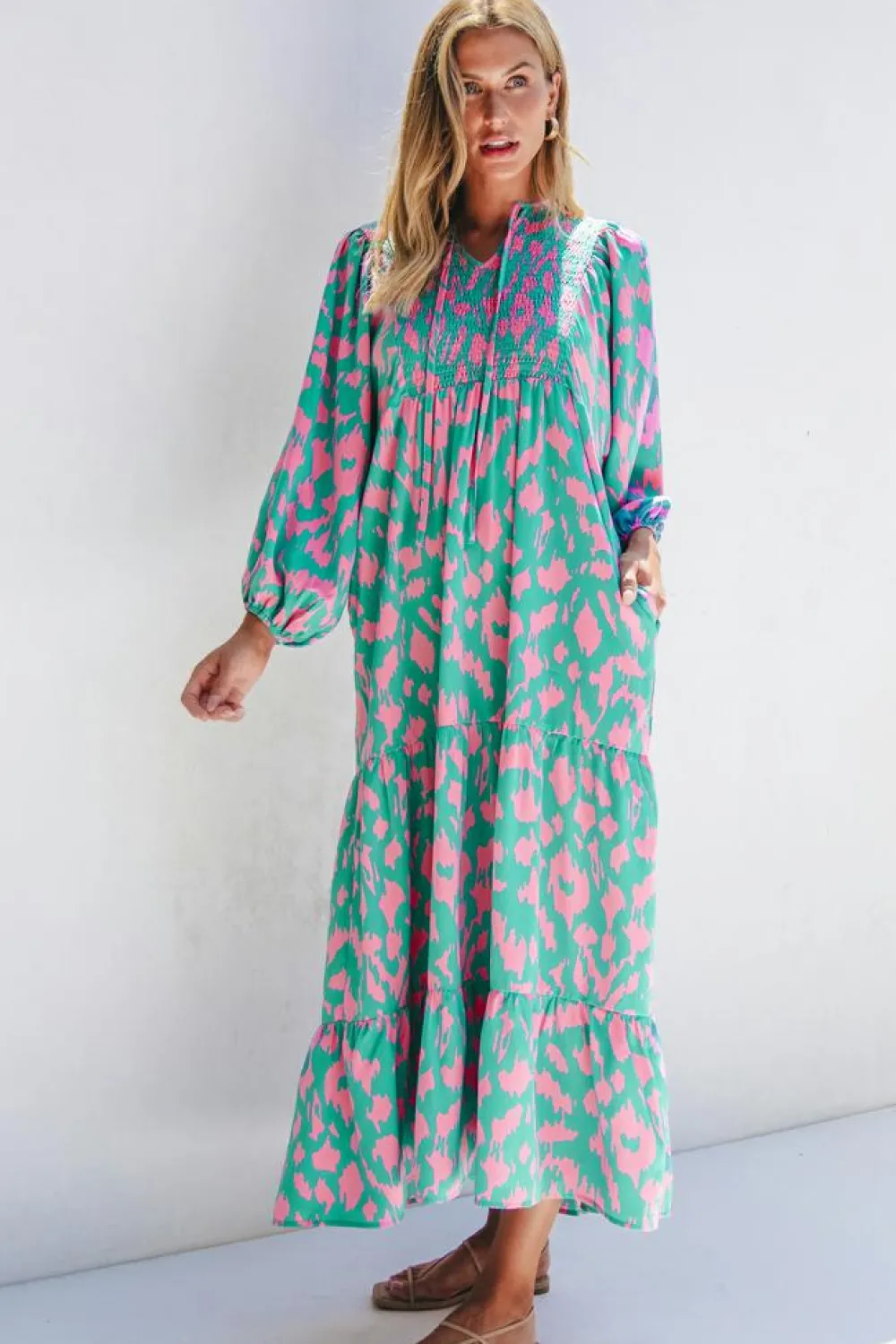 Best Dear-Lover Abstract Print Puff Sleeve Tied Notched Neck Long Dress Green