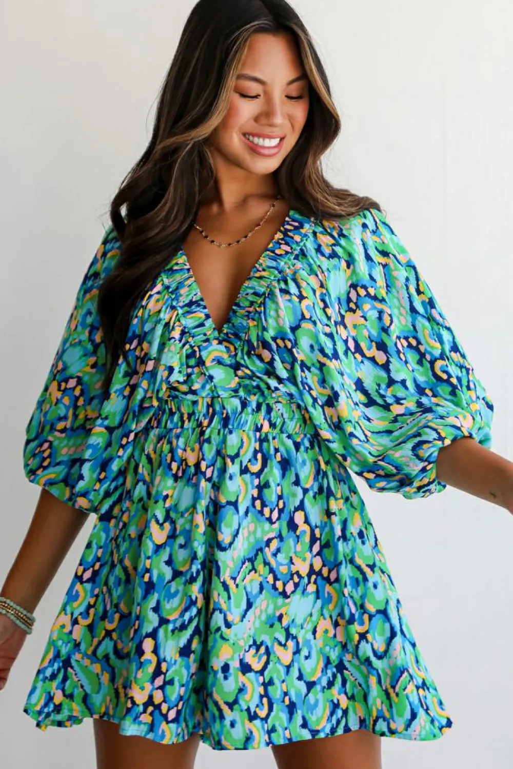 Online Dear-Lover Abstract Print Puff Sleeve V Neck High Waist Romper Green