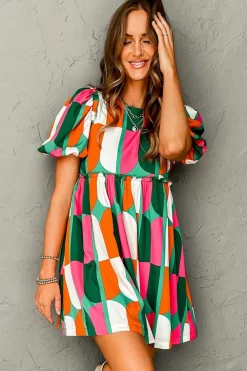 Hot Dear-Lover Abstract Print Puff Sleeve Short Dress Green