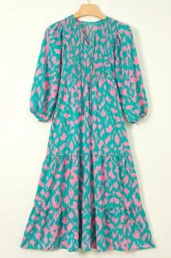 Best Dear-Lover Abstract Print Puff Sleeve Tied Notched Neck Long Dress Green