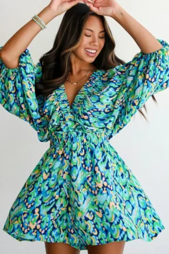 Online Dear-Lover Abstract Print Puff Sleeve V Neck High Waist Romper Green
