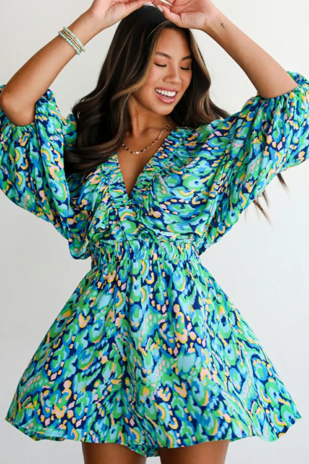 Online Dear-Lover Abstract Print Puff Sleeve V Neck High Waist Romper Green