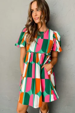 Hot Dear-Lover Abstract Print Puff Sleeve Short Dress Green